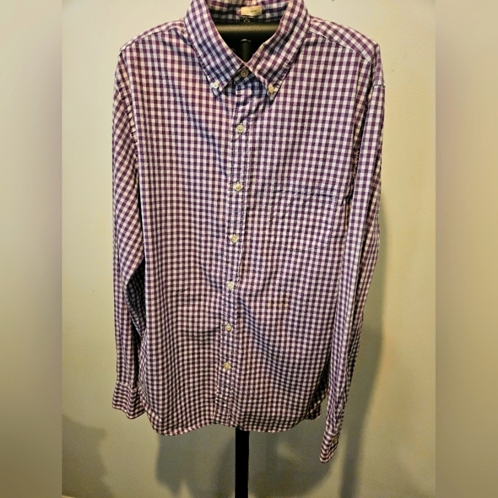J.CREW MEN'S TAILORED FIT WASHED CASUAL PURPLE & WHITE PLAID SHIRT SIZE MEDIUM
